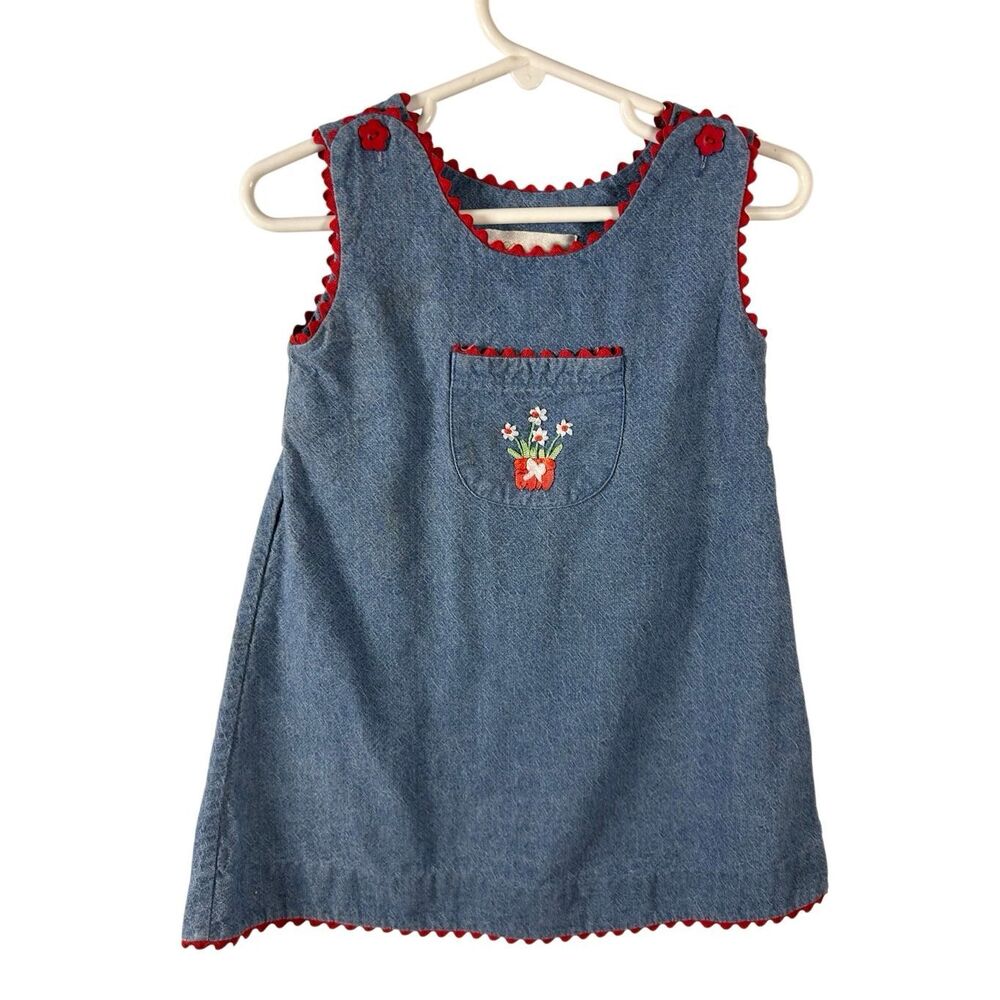 Strasburg 12m denim dress rn#108512 red trim flowers vintage made in‎ Columbia